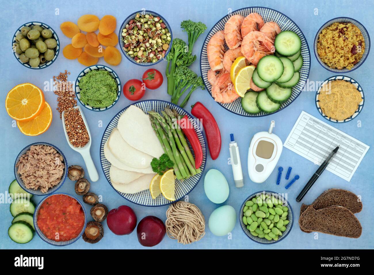 Niedrig glykämische Gesundheit Lebensmittel mit Blutzucker-Test-Kit für  Diabetiker mit Mahlzeit Tabelle. Lebensmittel unter 55 auf dem GI-Index,  kohlenhydratarme Lebensmittel Stockfotografie - Alamy