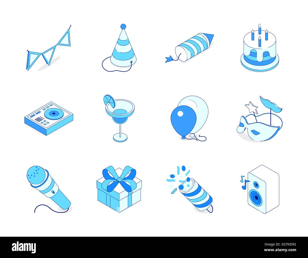 Geburtstagsfeier - moderne Linie isometrische Symbole Set. Feiertagsfeier Symbole, Festival-Elemente. Fahnen, Hut, Petard, Kuchen, Cocktail, Ballons, Maske, Stock Vektor