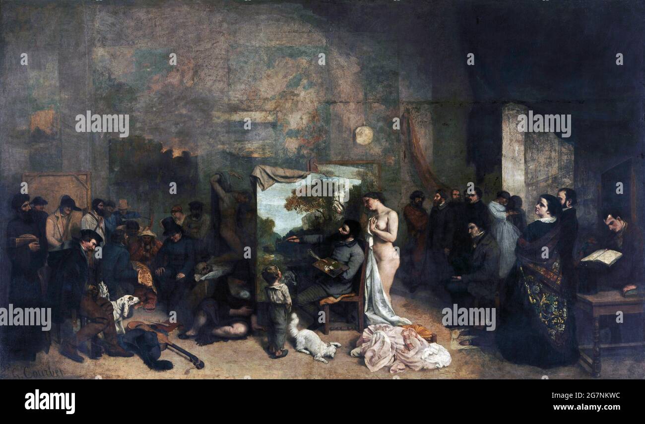 „The Artist's Studio, eine echte Allegorie, die sieben Jahre meines künstlerischen und moralischen Lebens zwischen 1854 und 1855 zusammenfasst“ von Gustave Courbet (1819-1877), 1854/5 Stockfoto