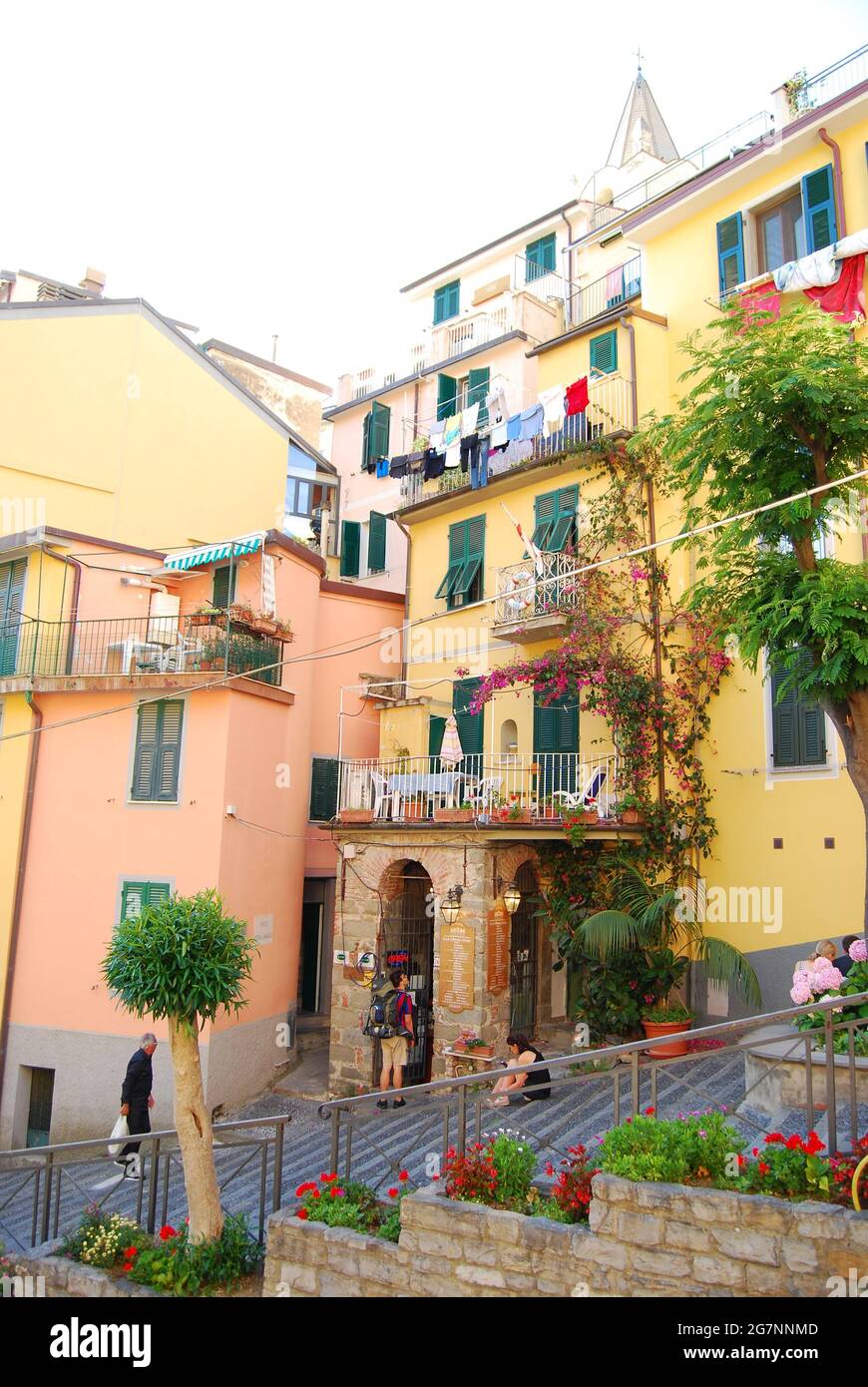 Cinque Terre Italien: Monterosso, Vernazza, Corniglia, Manarola und Riomaggiore. Die Cinque Terre, fünf Städte, besteht aus fünf Fischerdörfern. Stockfoto