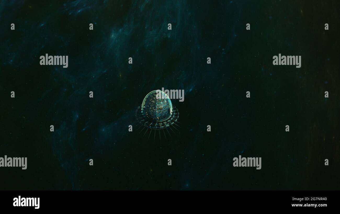 Leuchtende Futuristische Raumsonde Und Nebelwolke. Kosmische Kunst, Weltraum, Zeitreisen Stockfoto