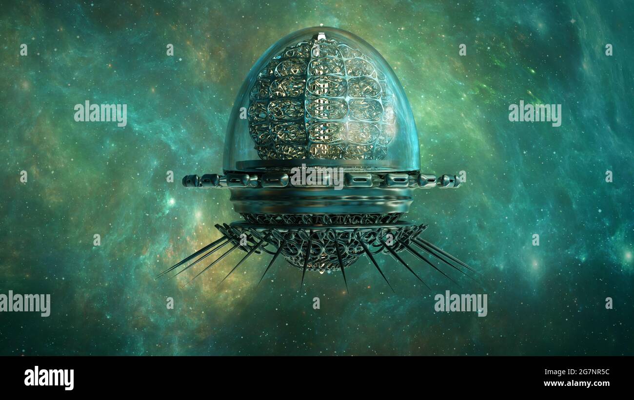 Leuchtende Futuristische Raumsonde Und Nebelwolke. Kosmische Kunst, Weltraum, Zeitreisen Stockfoto
