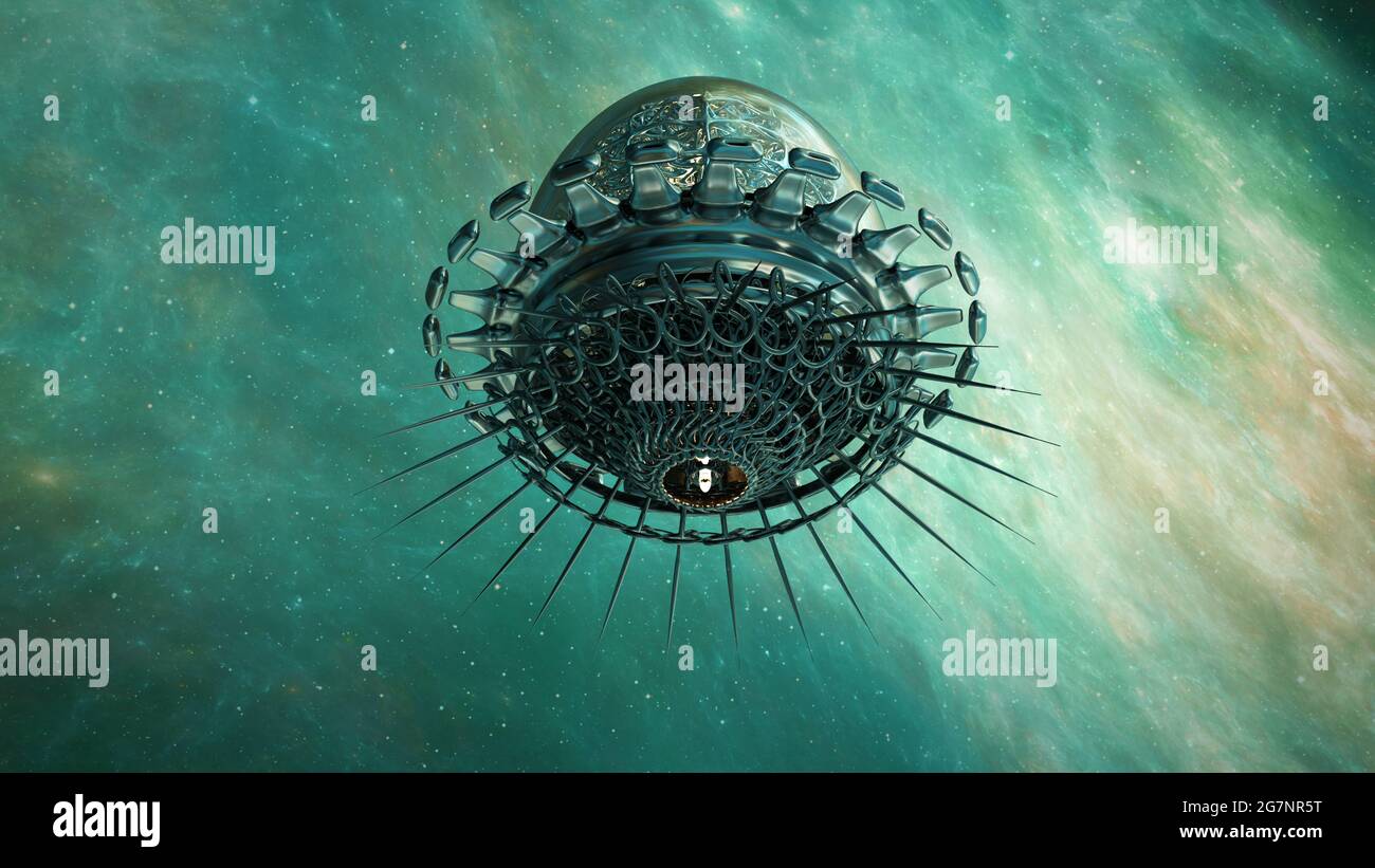 Leuchtende Futuristische Raumsonde Und Nebelwolke. Kosmische Kunst, Weltraum, Zeitreisen Stockfoto