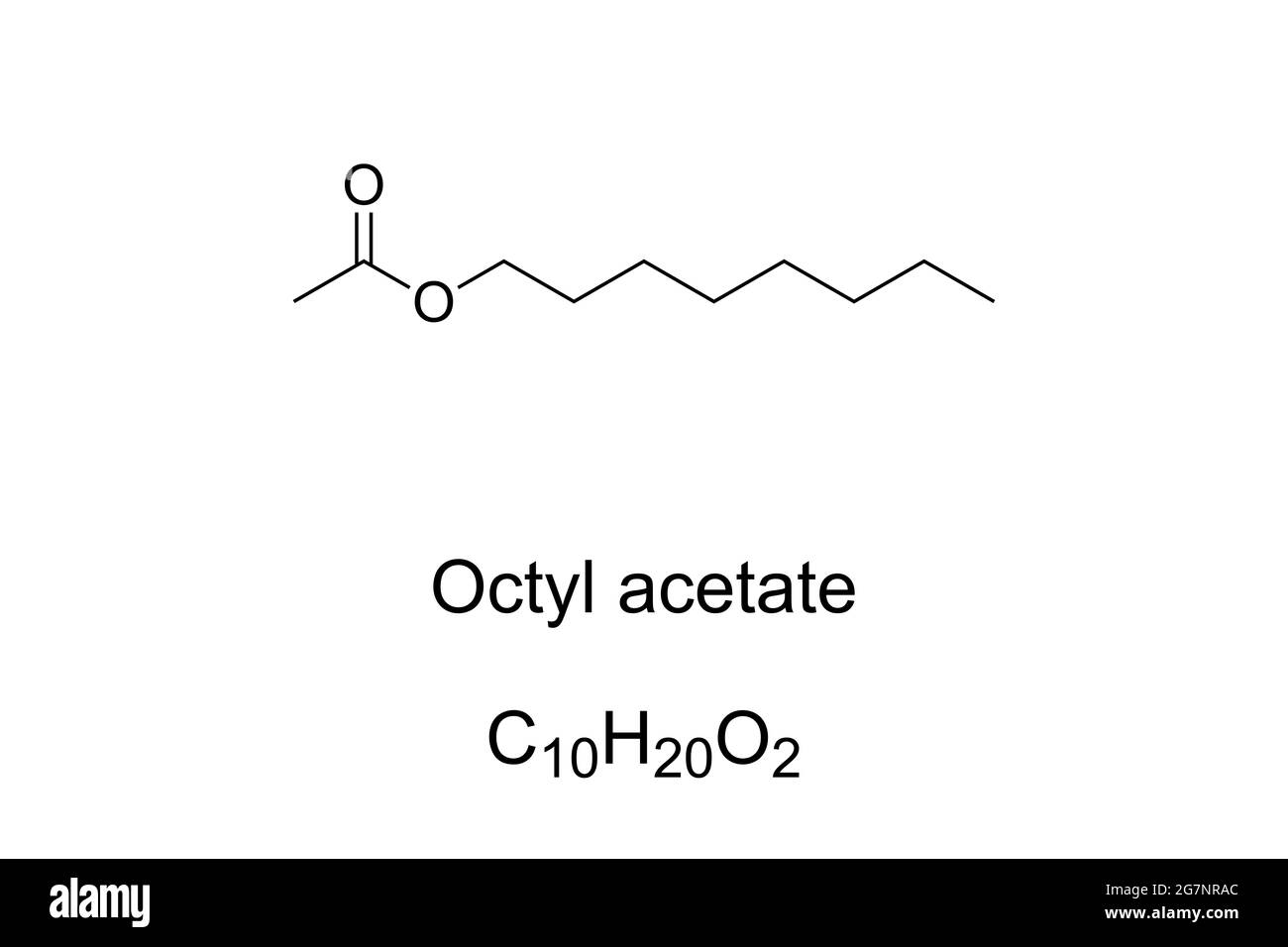 Octylacetat, chemische Formel und Skelettstruktur. Organische Verbindung, mit fruchtigem Geruch, in Orangen, Grapefruits und anderen Zitrusfrüchten gefunden. Stockfoto