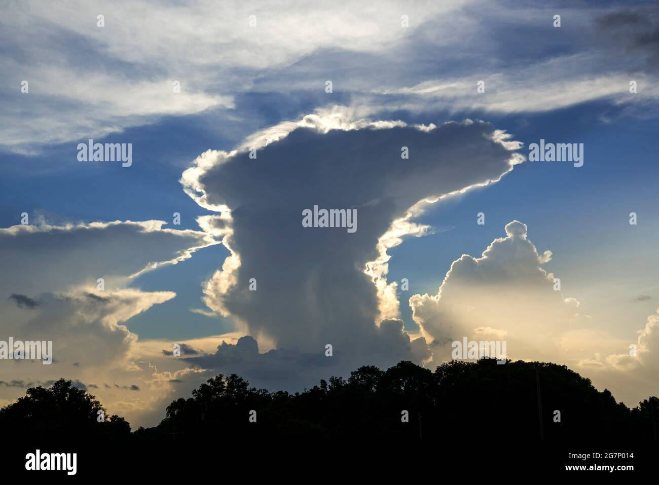 Aufragende Cumulonimbus-Wolken sind im Norden von Zentral-Florida mit Sonnenlicht am späten Nachmittag überflutet. Stockfoto
