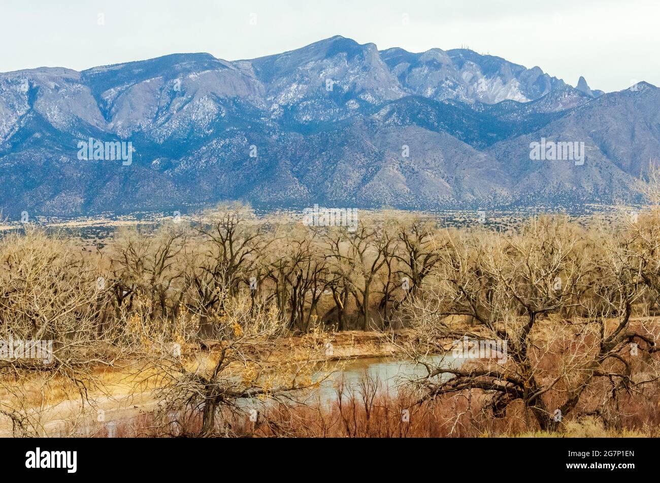 Sandia Mountains vom Rio Grande River in New Mexico Stockfoto