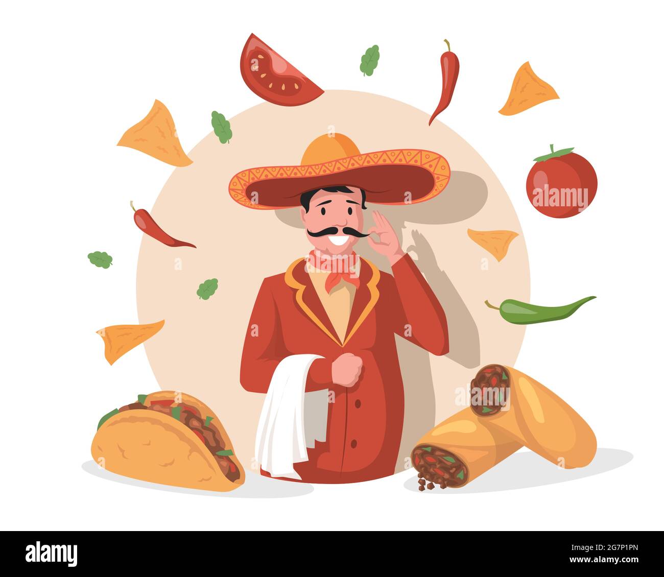 Lächelnder Koch in großen mexikanischen Hut Sombrero Vektor flache Illustration. Leckere mexikanische Küche, Tacos, Burritos, Nachos. Traditionelle, würzige mexikanische Gerichte mit frischen Tomaten und scharfer Chilischote. Stock Vektor