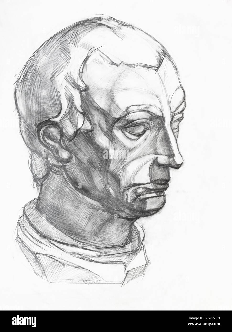 Akademische Zeichnung - Studie von Gipsabguss des Gattamelata-Kopfes von Hand mit Graphitstift auf weißem Papier gezeichnet Stockfoto