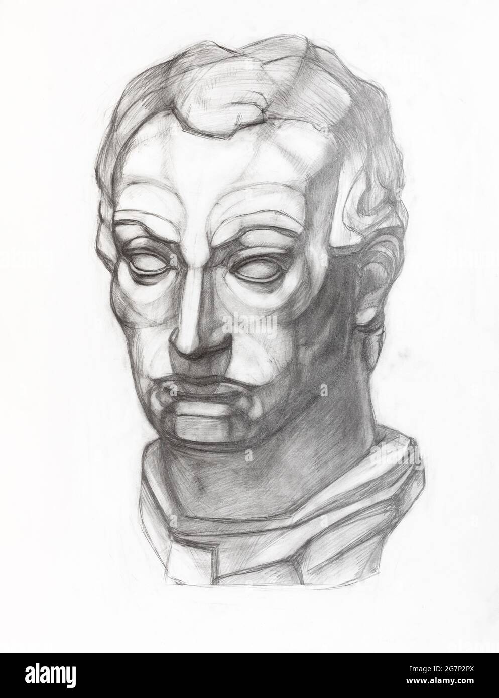 Akademische Zeichnung - Skizze des Gipsabgusses des Gattamelata-Kopfes, handgezeichnet mit Graphitstift auf weißem Papier Stockfoto