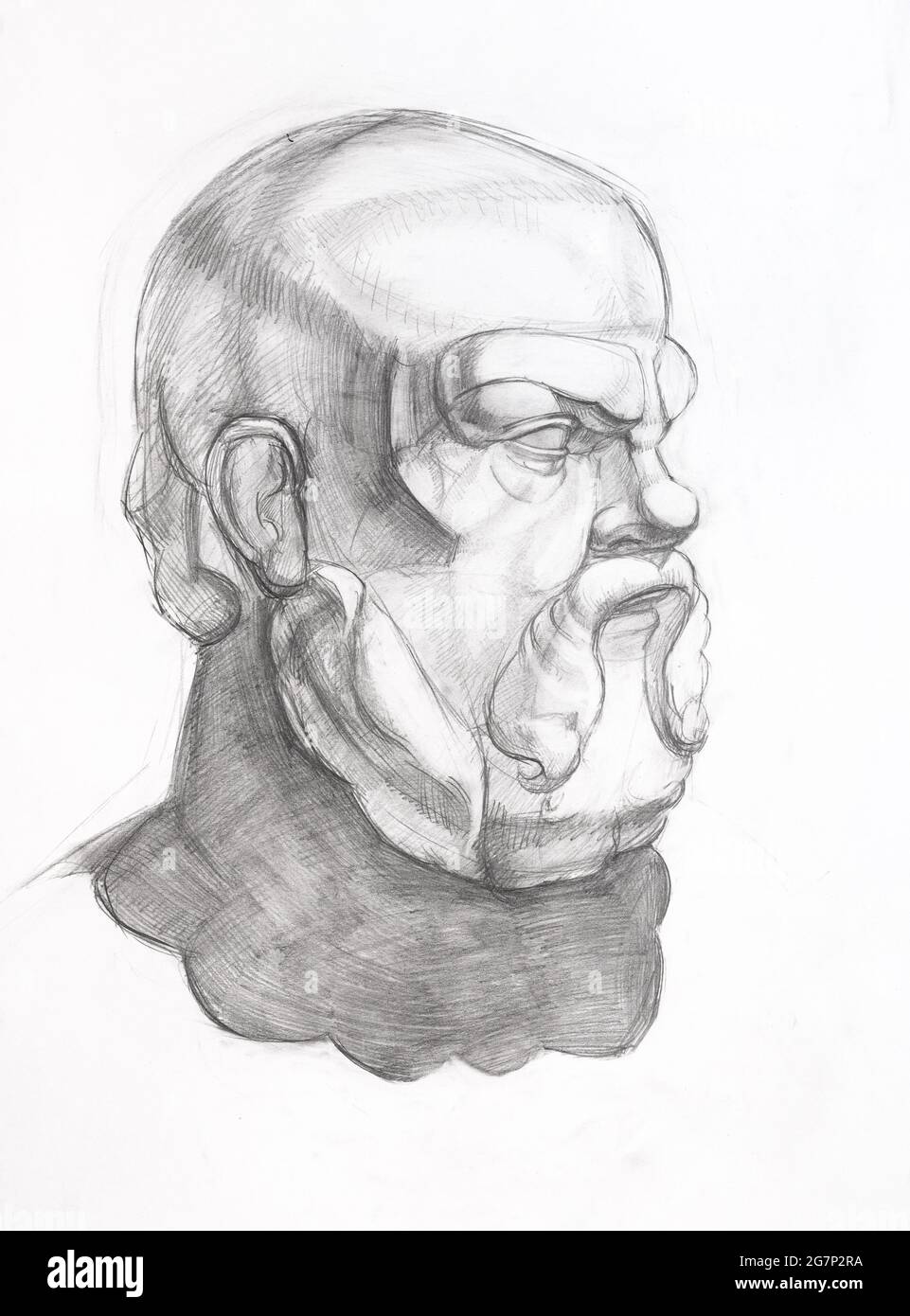 Akademische Zeichnung - Skizze der Skulptur des Sokrates-Kopfes von Hand mit Graphitstift auf weißem Papier gezeichnet Stockfoto