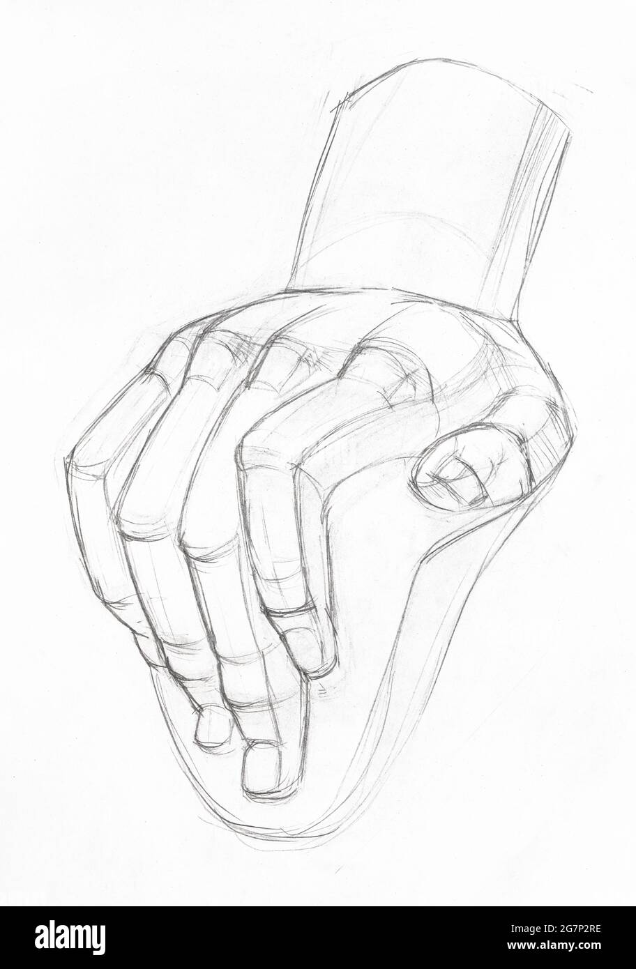 Akademische Zeichnung - Skizze des Gipsabgusses von männlicher Hand von Graphitstift auf weißem Papier gezeichnet Stockfoto