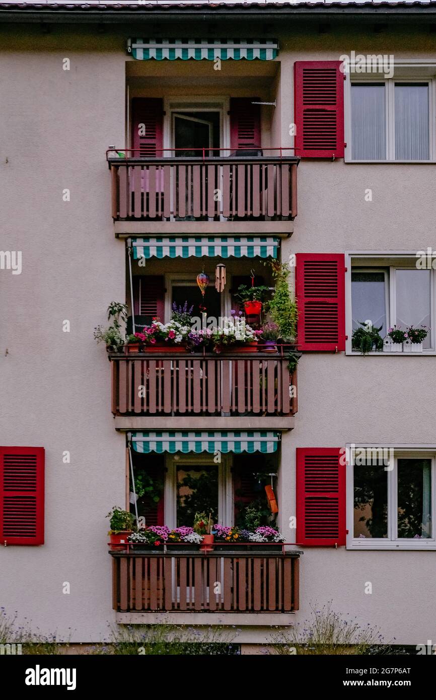 Wohngebäude mit schönen Holzbalkonen mit Blumen in Interlaken, Schweiz - Schweizer Alpen Stockfoto