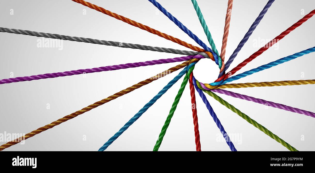 Diversity Team Unity und Teamwork Konzept als Geschäftsmetapher für den Beitritt zu einer Partnerschaft als diverse Seile, die als Unternehmenssymbol miteinander verbunden sind. Stockfoto