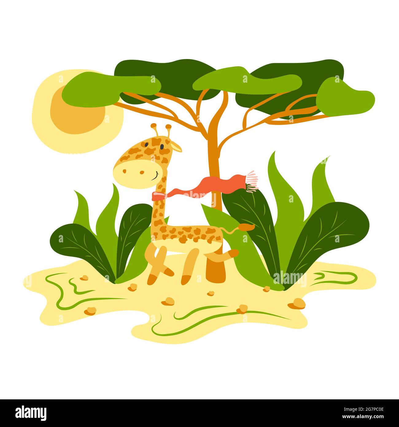 Eine niedliche Giraffe in einem Schal geht in der Natur. Schöne Cartoon-Illustration mit niedlichen Giraffe Spaziergänge Natur. Lustige Vektorgrafik. Niedlicher Cartoon Stock Vektor