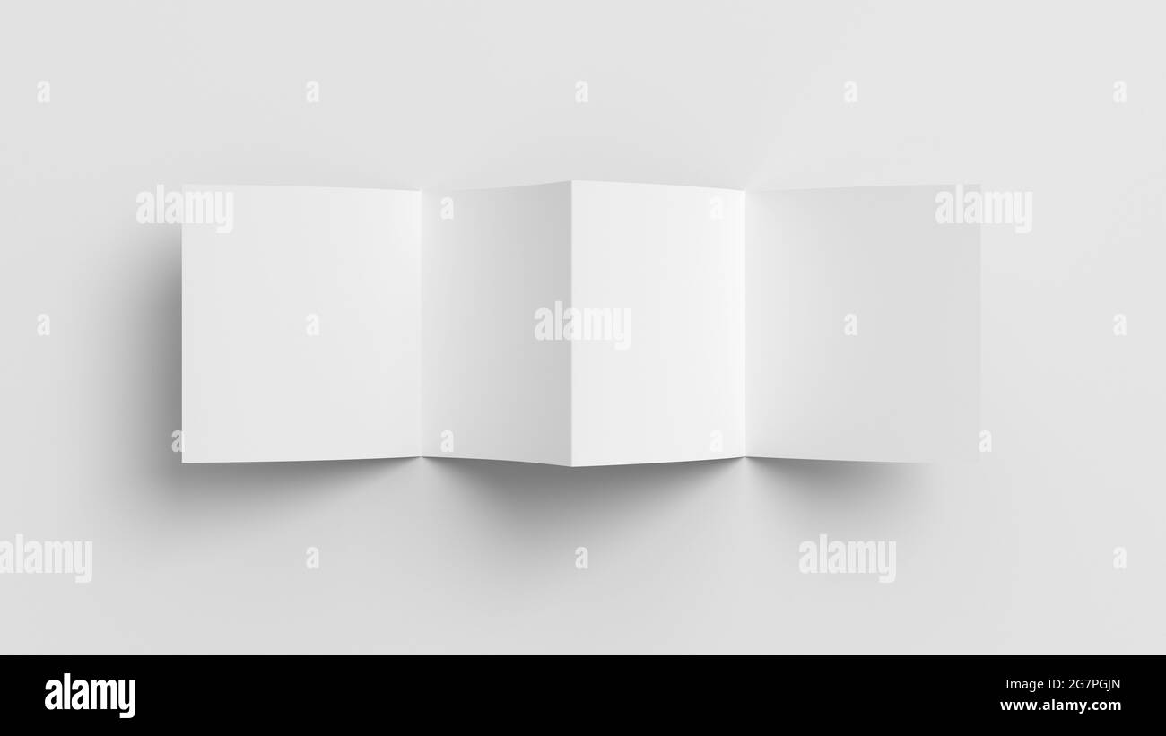 Quadratische Zickzack- oder Akkordeonfalte-Broschüre. Vier Tafeln, acht Seiten leere Broschüre. Modell auf weißem Hintergrund für Präsentationsgestaltung. Vorderseite. Vie Stockfoto