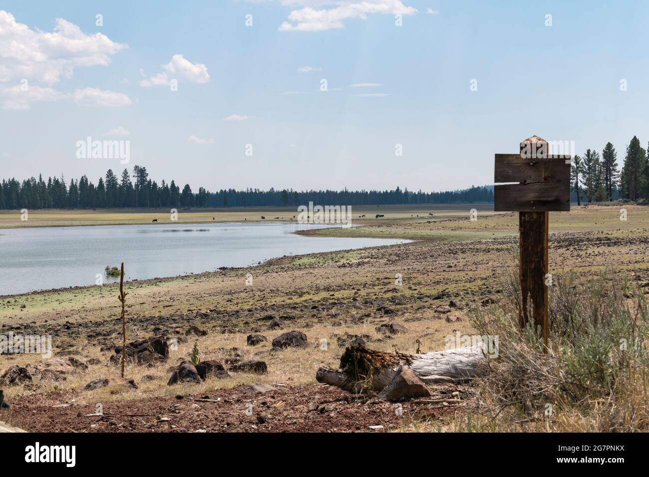 Thompson Reservoir in Lake County, Oregon, ist während extremer Dürre auf niedrigem Niveau. Stockfoto