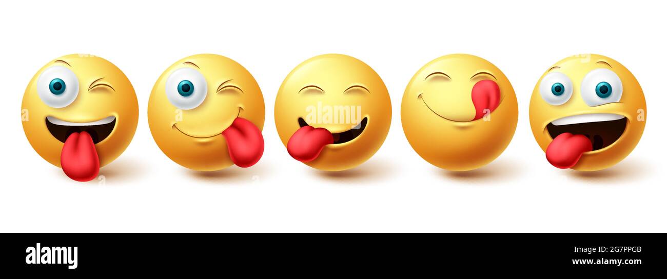 Smileys frech Symbol Vektor gesetzt. Smiley Face und Emoji mit fröhlichen, leckenden und hungrigen Gesichtsausdrücken isoliert auf weißem Hintergrund. Vektor Stock Vektor