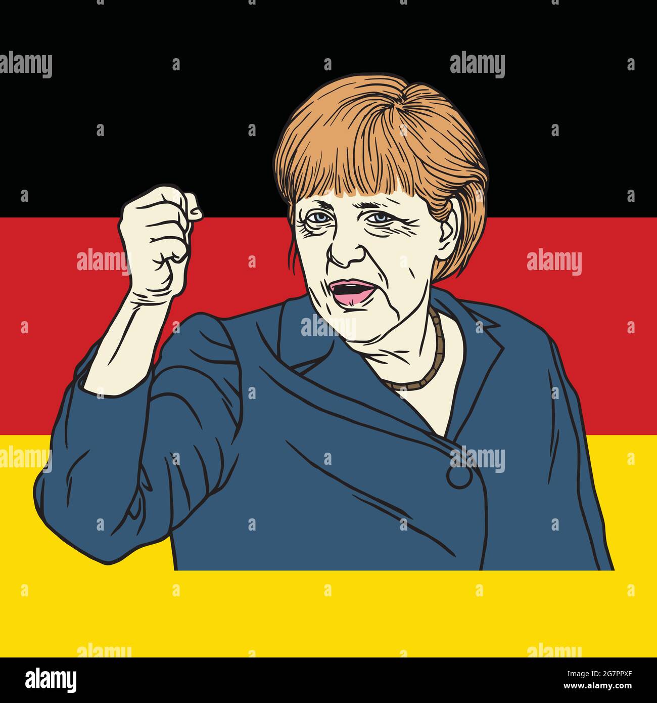 Angela Merkel auf deutscher Flagge Hintergrund. Vektorgrafik Cartoon Illustration Stock Vektor