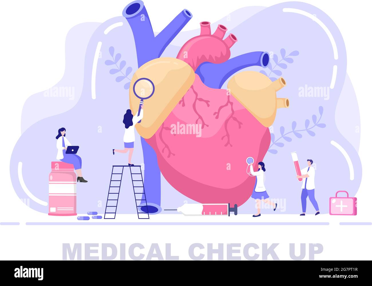Medizinische Gesundheitscheck Hintergrund Landing Page Illustration. Arzt,  der sich um den Patienten kümmern soll, der den Blutdruck oder das Herz für  die Herstellung von Banner misst Stock-Vektorgrafik - Alamy
