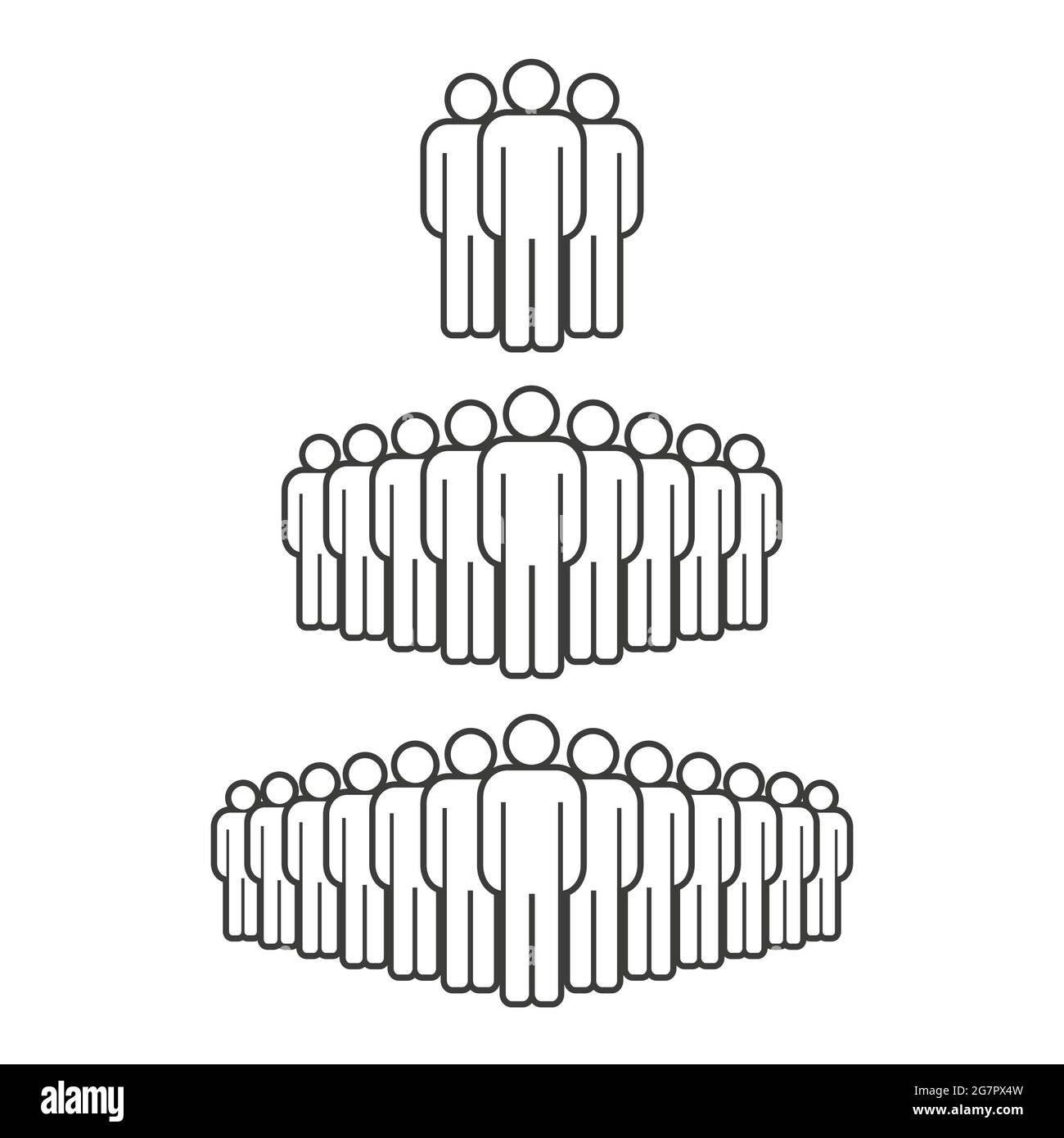 Kleine, mittlere und große Personengruppe. Symbol für die Menschenmenge bei Männern. Personensymbol isoliert. Vektorgrafik. Stock Vektor