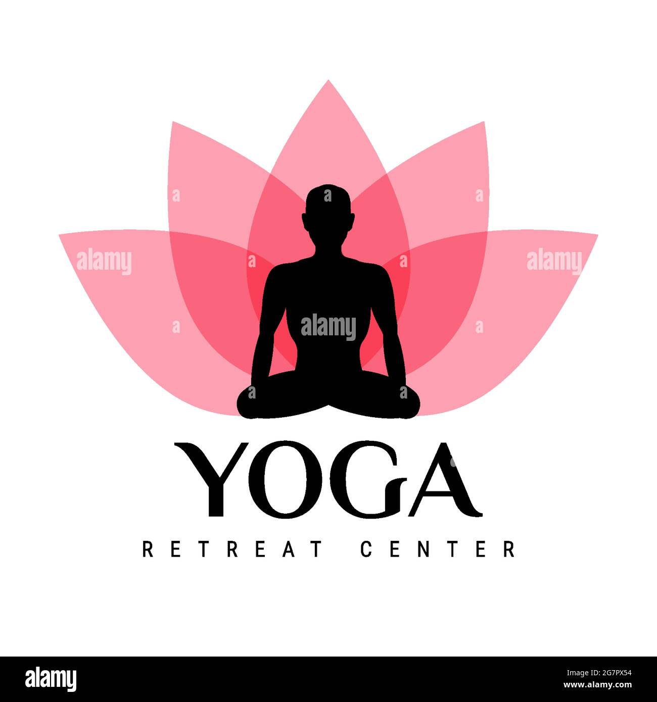 Emblem des Yoga-Rückzugszentrums. Lotusblume und Yogi sitzen in Lotusposition. Vektorgrafik. Stock Vektor