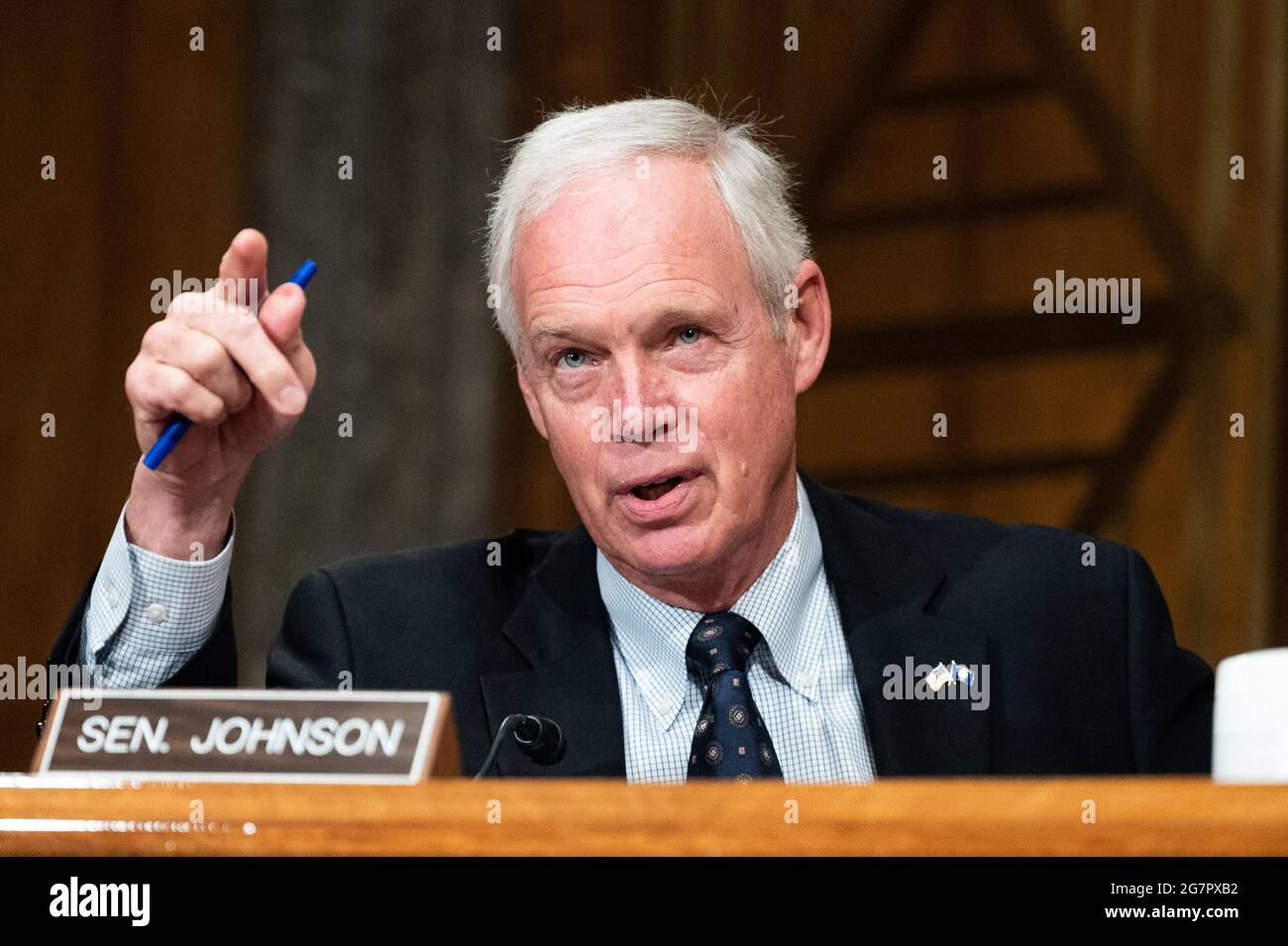 Washington, Usa. Juli 2021. US-Senator Ron Johnson (R-WI) spricht bei einer Anhörung des Ausschusses für Heimatschutz und Regierungsangelegenheiten des Senats. Kredit: SOPA Images Limited/Alamy Live Nachrichten Stockfoto