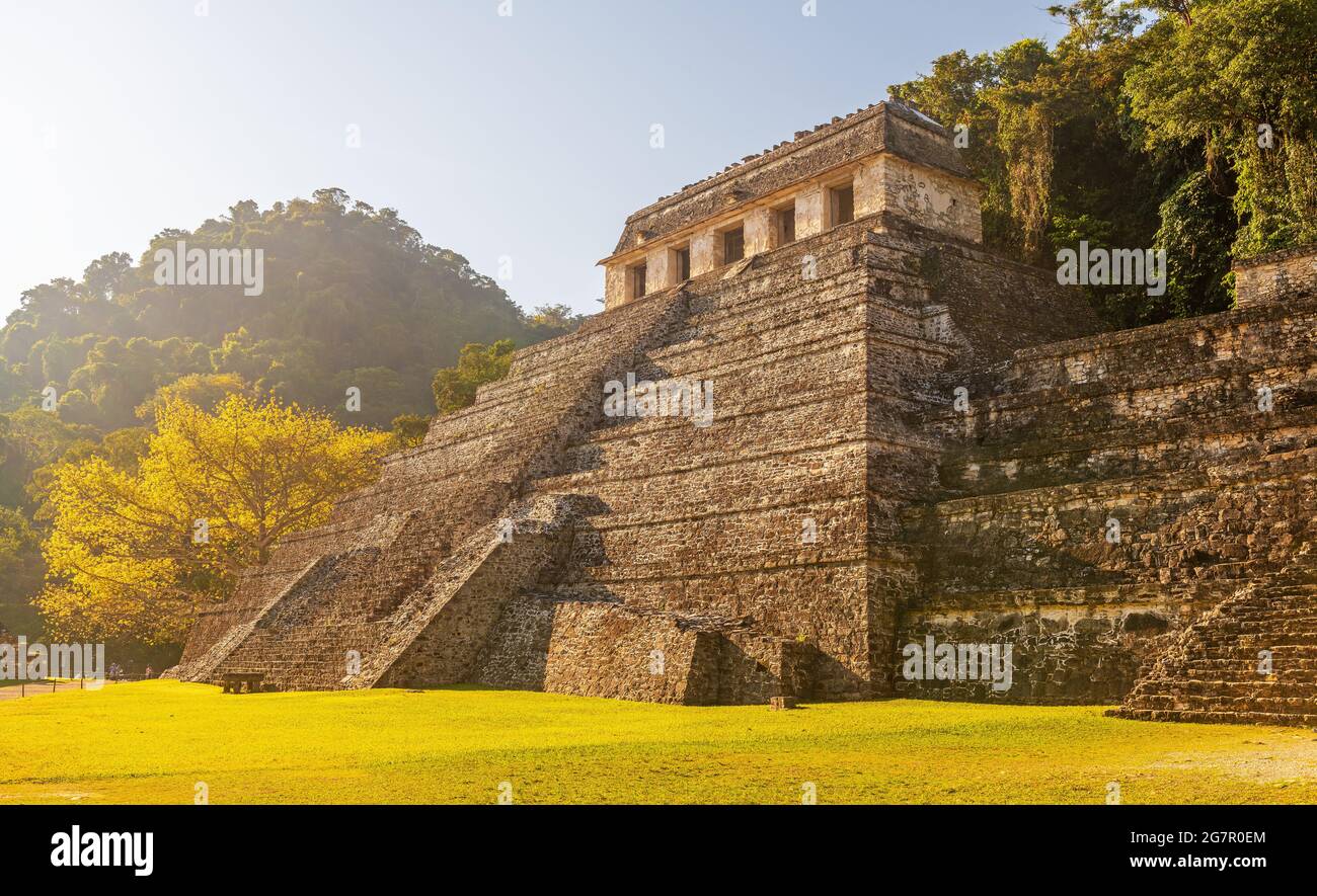 Tempel der Inschriften maya-Pyramide, Palenque, Chiapas, Mexiko. Stockfoto