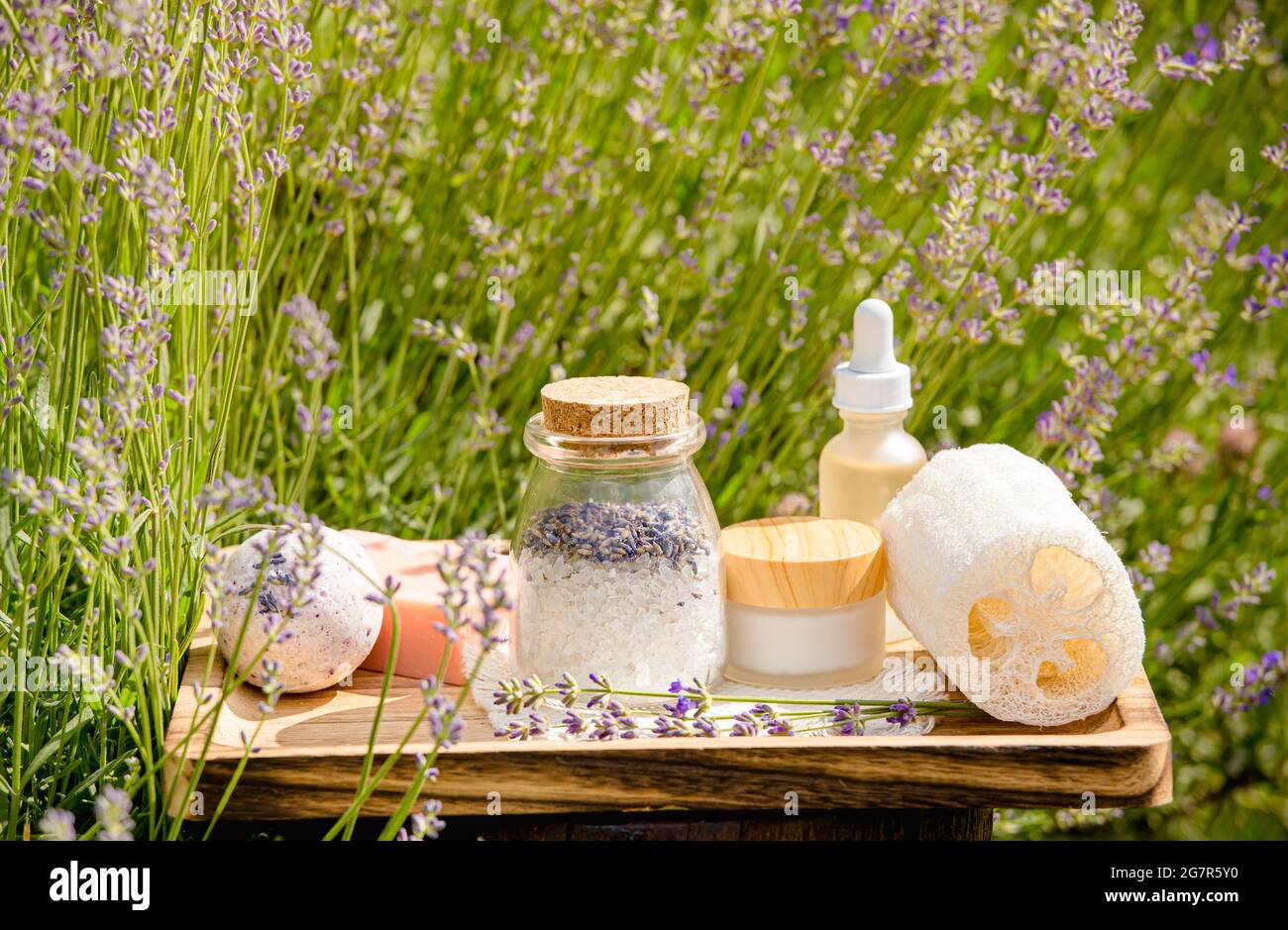 Verschiedene Beauty-Spa-Produkte auf Holztablett im blühenden Lavendelfeld am sonnigen Sommertag. Badesalz, Seifenstück, Tagescreme, Feuchtigkeitscreme, Badebombe. Stockfoto
