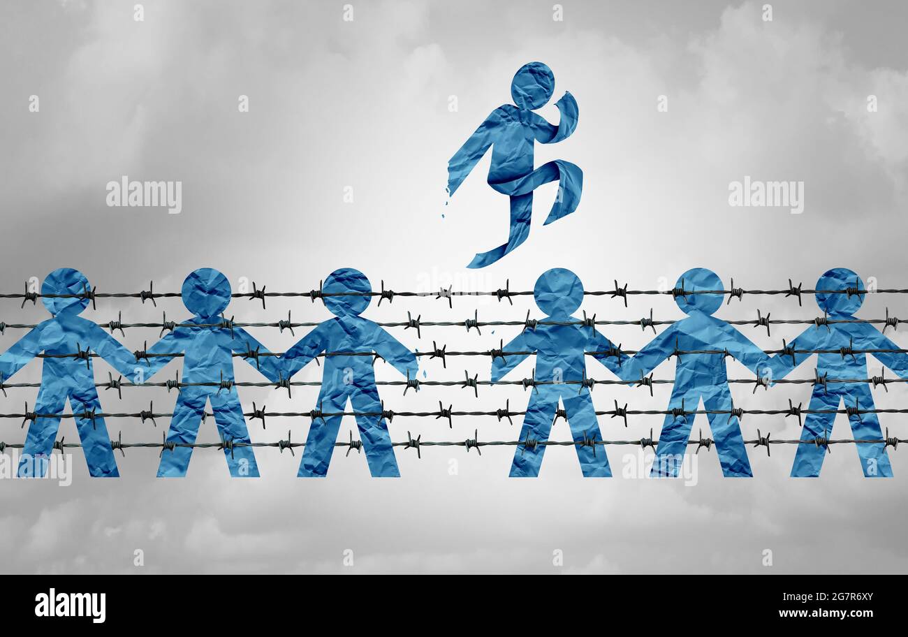 Immigration, Freiheit und Migration entkommen Gesetzen oder freien Flüchtlingen, die mit papiergeschnittenen Personensymbolen hinter einem Grenzzaun aus Stacheldraht entkommen. Stockfoto