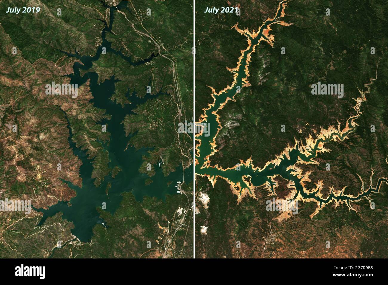 Dürre in Kalifornien: Vergleich der Wasserstände im Lake Shasta - dem größten Oberflächenwasserreservoir des Bundesstaates - enthält modifizierten Copernicus Sentinel Stockfoto
