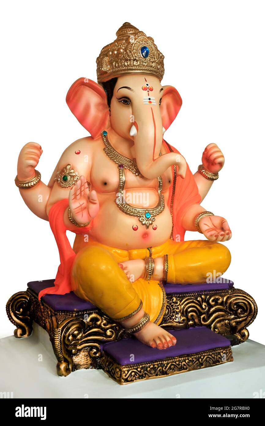 Hindu-Gott Ganesha. Buntes Ganesha Idol auf weißem Hintergrund. Stockfoto