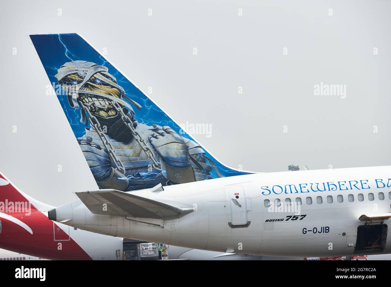 Iron Maiden, Ed Force One, Boeing 757-23A G-OJIB, Somewhere Back, World Tour, Flughafen Mumbai, Sahar International Airport, Chhatrapati Shivaji International Airport, CSIA, Bombay, Mumbai, Maharashtra, Indien, Asien Stockfoto