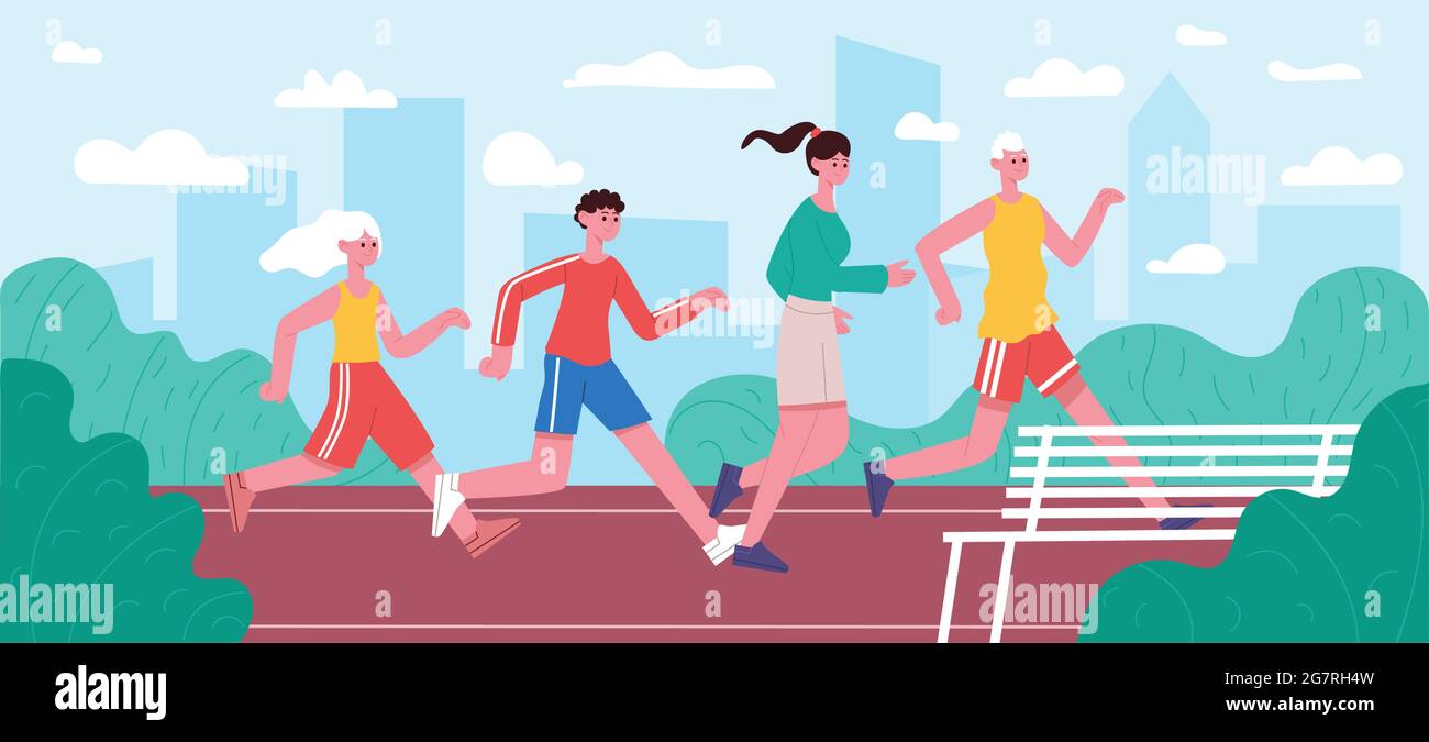 Lauffamilie. Jogging Papa, Mama und Kinder, aktive gesunde Lebensweise Elternmotivation, Eltern und Kinder Joggen im Park Vektor-Illustration Stock Vektor