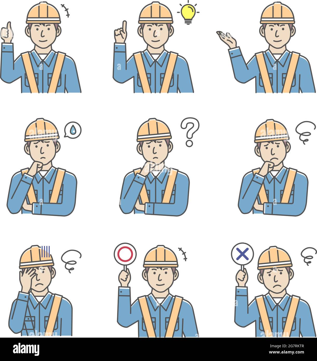 Männliche blaue Kragen Arbeiter Geste Variation Illustration Set Stock Vektor