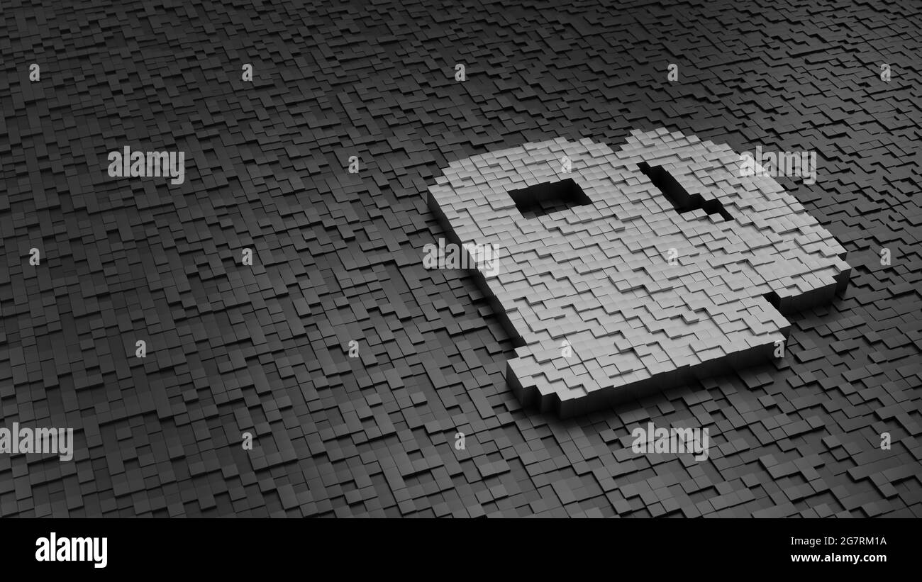 3d Rendering Metallwürfel in Form eines Symbols der Gaspumpenstation mit Sockel hellsilber auf dunklen Würfeln mit Zufälligkeit gefärbt Stockfoto