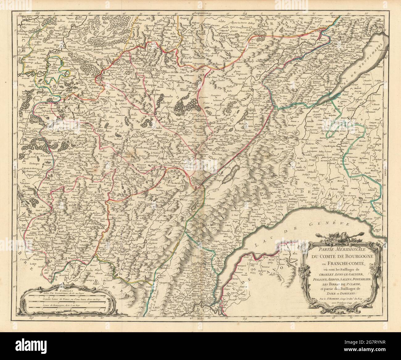 „Partie Méridionale… De Bourgogne ou Franche-Comté' Jura Waadt. VAUGONDY 1749-Karte Stockfoto