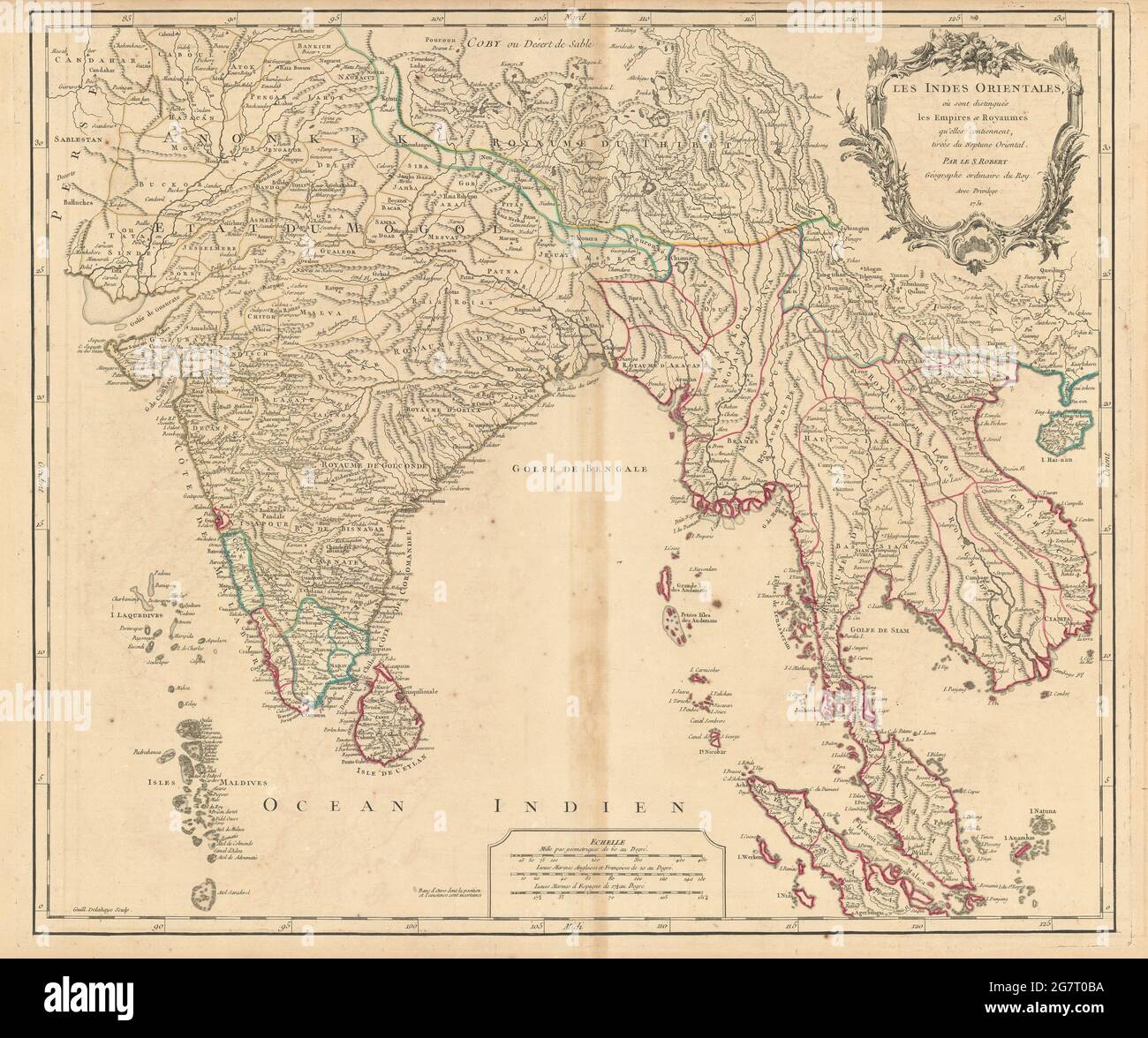 „Les Indes Orientales…“ Südasien Indien Indochina Tibet. VAUGONDY 1751-Karte Stockfoto