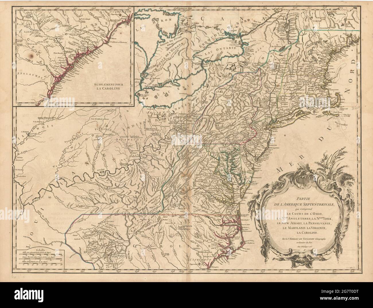 „Partie de l’Amerique Septentrionale…“ Nordosten der USA. VAUGONDY 1755 alte Karte Stockfoto