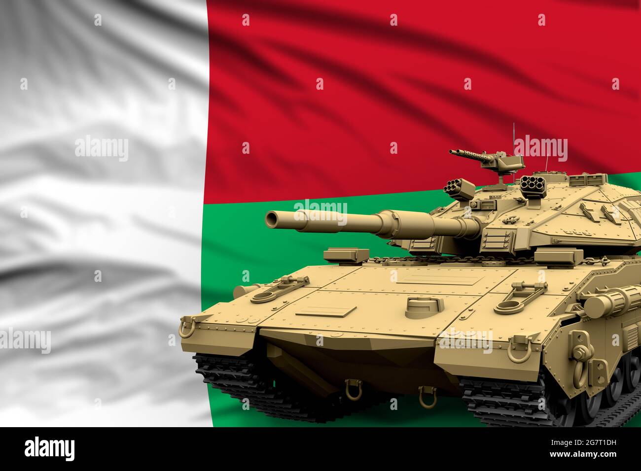 Madagaskar moderner Panzer mit nicht realem Design auf dem Flaggenhintergrund - Panzer Armee Streitkräfte Konzept, Militär 3D Illustration Stockfoto