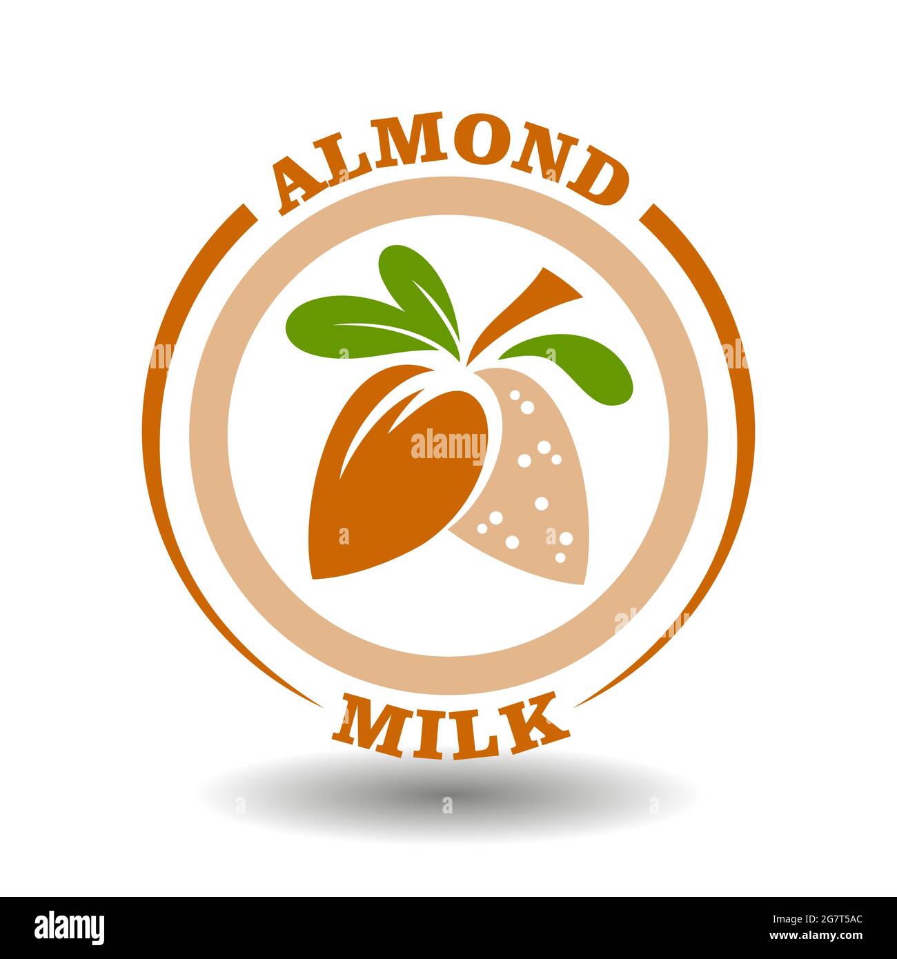 Einfaches Kreislogo Mandelmilch mit runden, halb geschnittenen Nussschalen-Symbol und grünen Blättern Symbol für die Kennzeichnung Produkt enthalten natürliche Bio-Süßmandel o Stock Vektor
