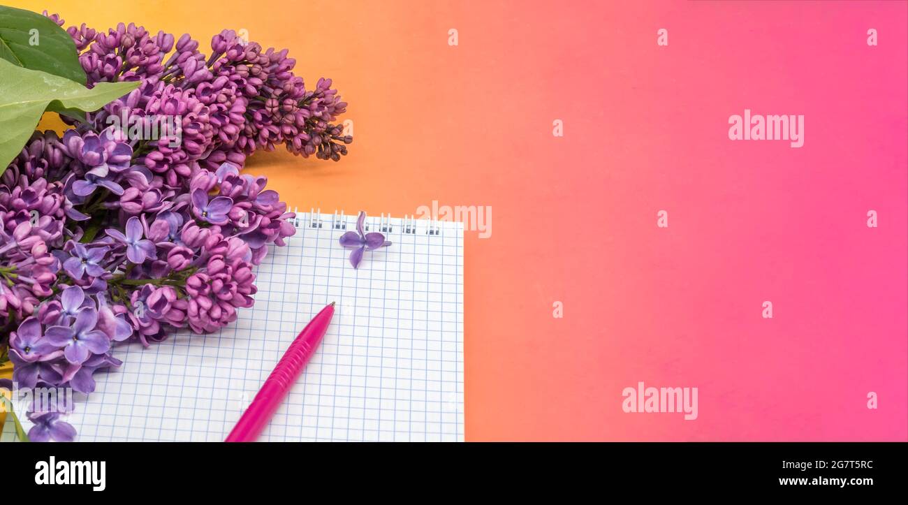 Notizblock mit Stift und Blumen. Spiralnotizbuch und Stift. Notebook-Flieder auf gelbem Hintergrund. Stockfoto