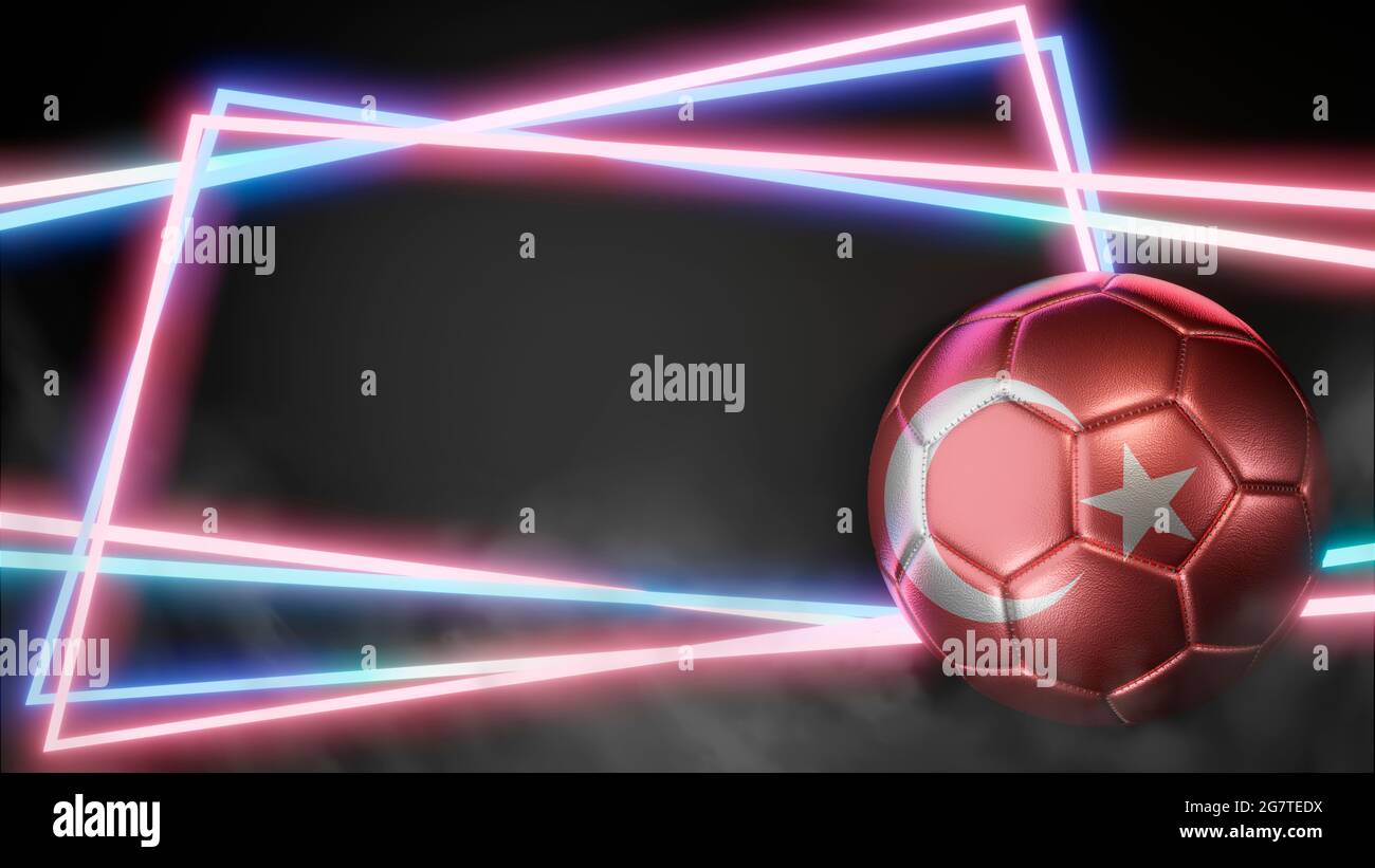 Fußball in Fahnenfarben auf abstraktem Neonhintergrund. Türkei. 3D-Bild Stockfoto