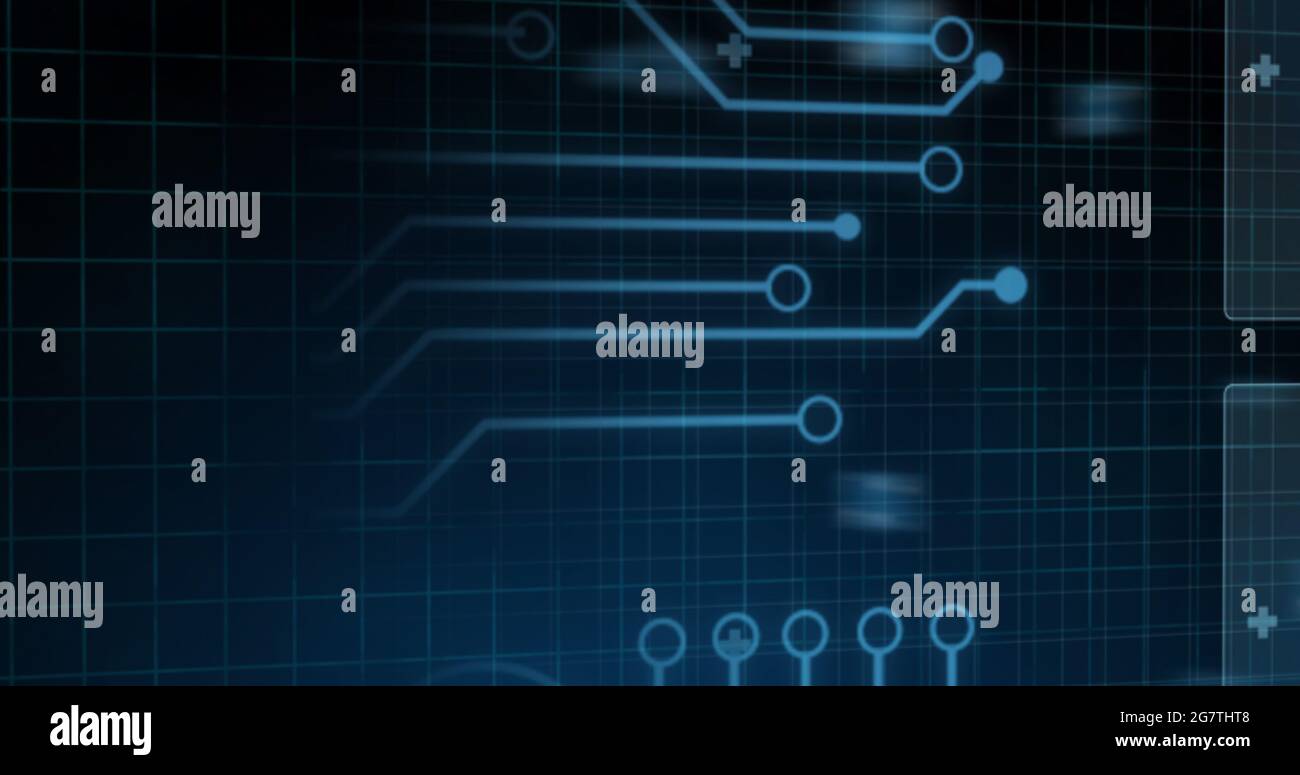 Abbildung von Scopes, Statistikaufzeichnung und Datenverarbeitung auf blauem Hintergrund Stockfoto