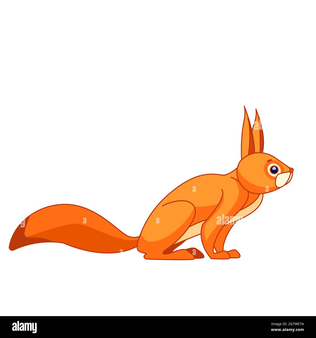Eichhörnchen beobachtet neugierig. Cartoon-Charakter eines Nagetier Säugetier Tier. Ein wildes Waldgeschöpf mit orangefarbenem Fell. Seitenansicht. Vektorgrafik flach Stock Vektor