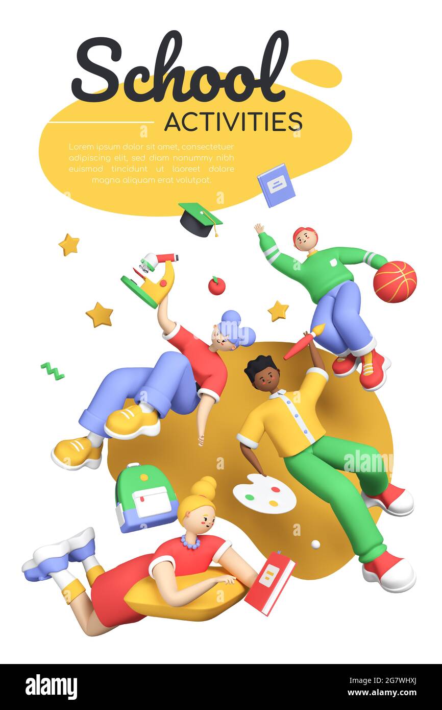 Schulaktivitäten - farbenfrohes 3D-Banner mit Platz für Ihren Text. Zeichentrickfiguren. Vier glückliche Freunde, jeder mit seinem eigenen Geschäft. Intern Stockfoto