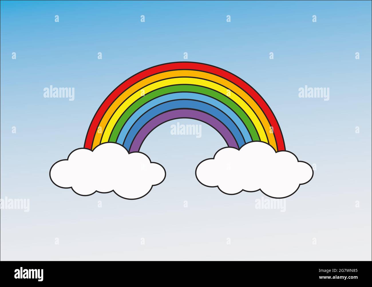 Illustration eines Regenbogens, der mit zwei Wolken auf einem weißen und blauen Hintergrund verbunden ist Stockfoto