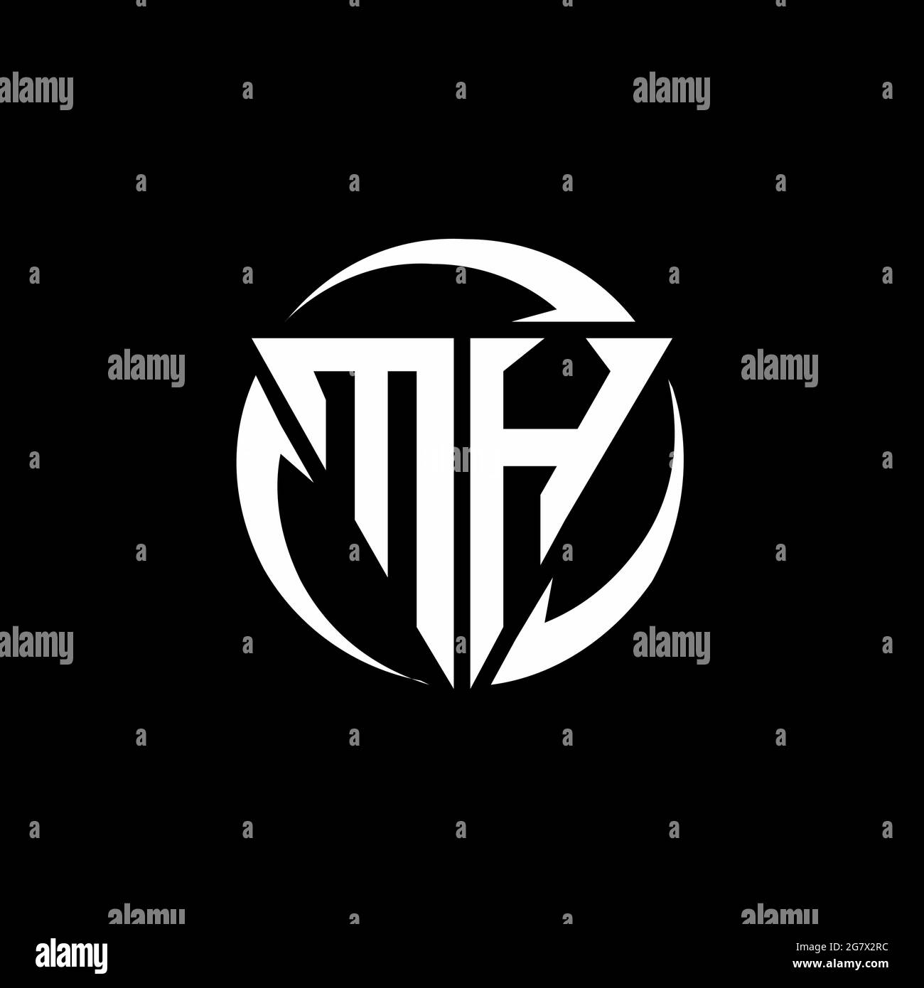 MH-Logo mit dreieckiger Form und runder kreisförmiger Designvorlage isoliert auf schwarzem Hintergrund Stock Vektor