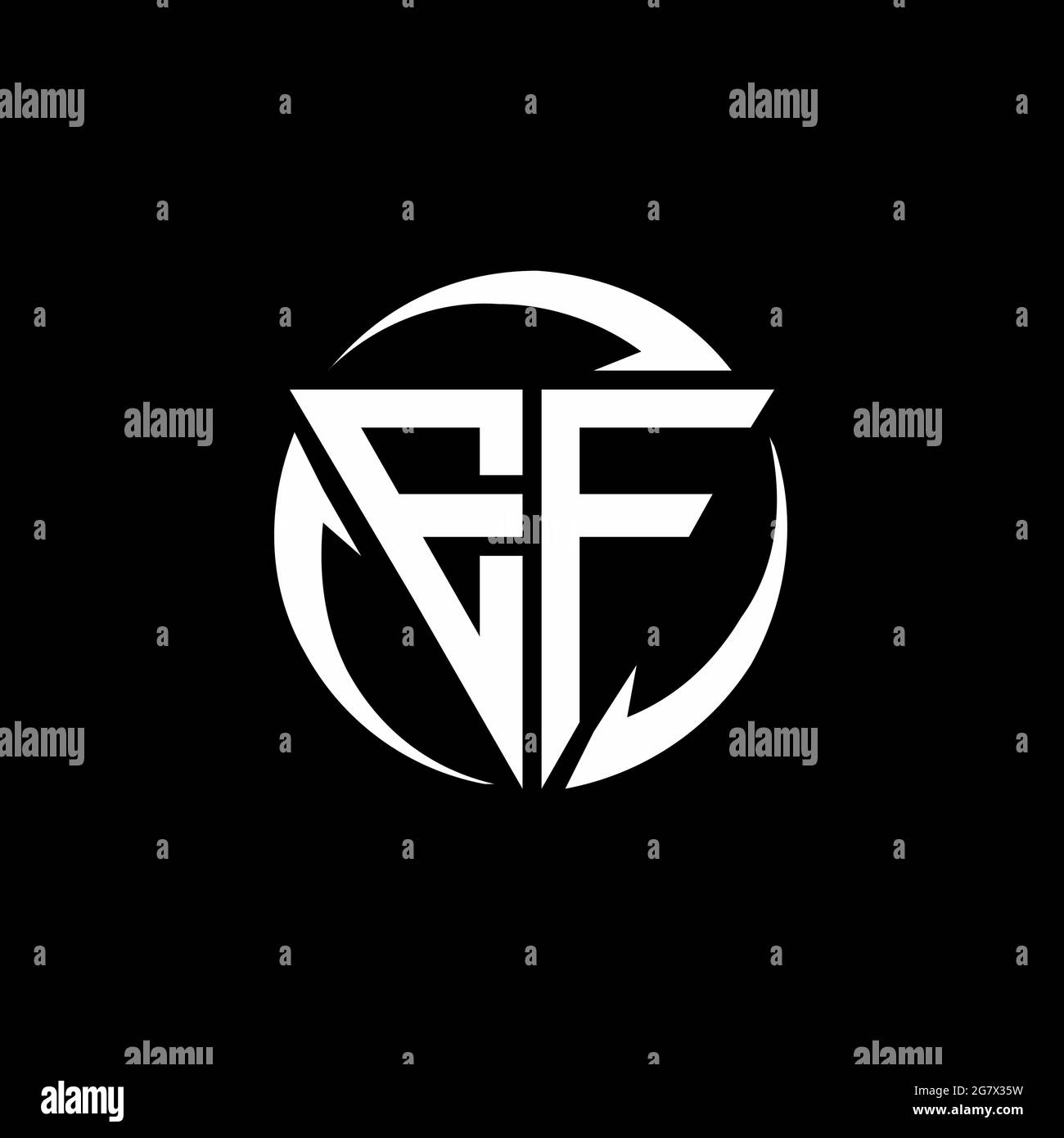 EF-Logo mit dreieckiger Form und kreisrunder Designvorlage isoliert auf schwarzem Hintergrund Stock Vektor