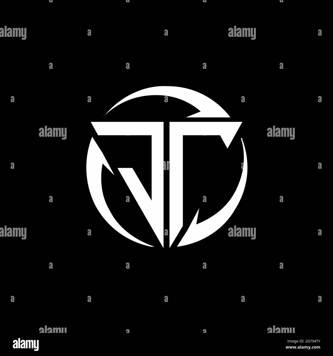JT-Logo mit dreieckiger Form und runder kreisförmiger Designvorlage isoliert auf schwarzem Hintergrund Stock Vektor