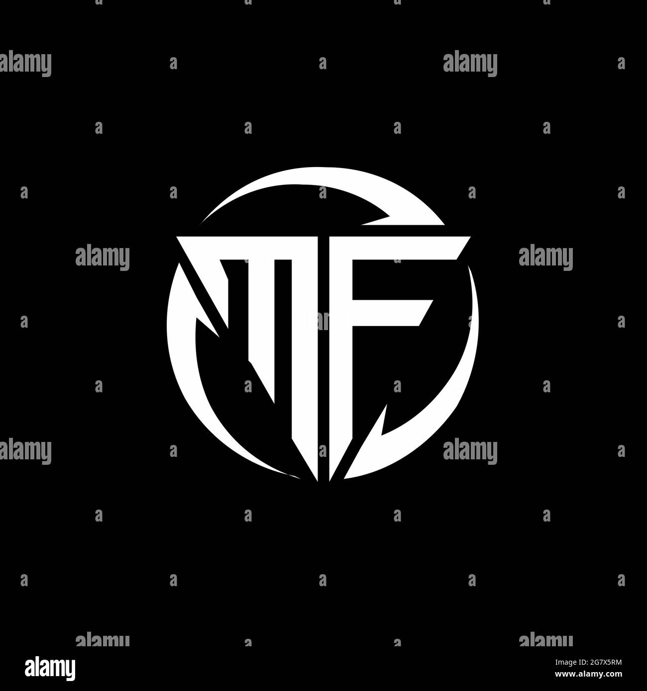 MF-Logo mit dreieckiger Form und runder kreisförmiger Designvorlage auf schwarzem Hintergrund isoliert Stock Vektor
